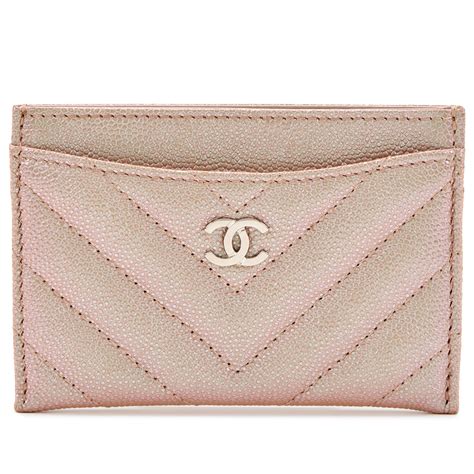 Chanel Iridescent Light Pink Chevron Quilted Caviar Card Holder 